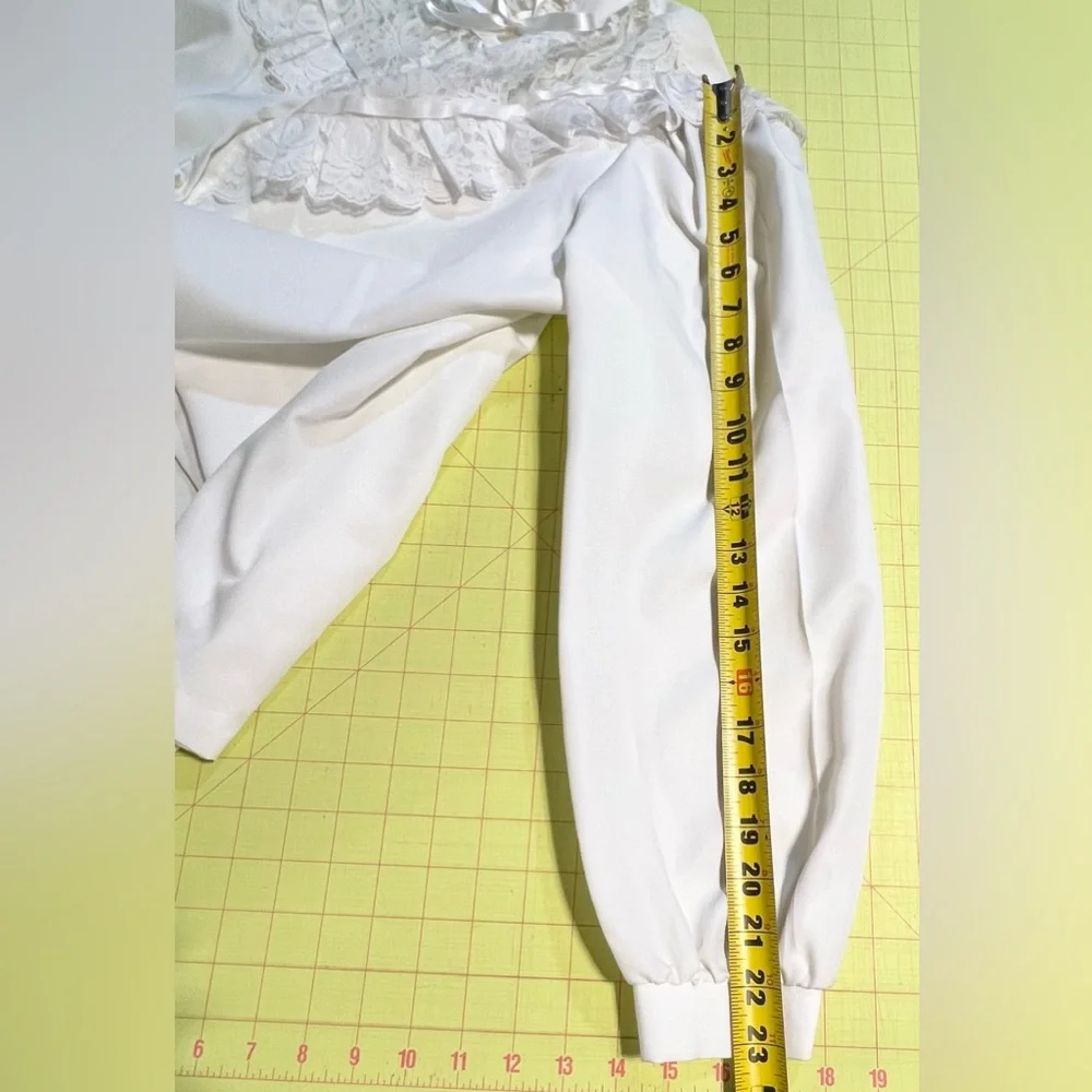 VINTAGE lace ruffle fancy blouse button down Victorian high neck ribbon bow 80s - Picture 13 of 14